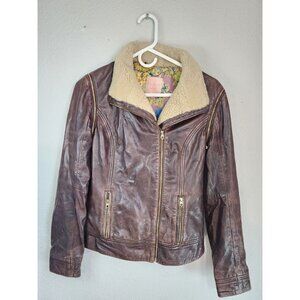 Ted Baker Leather Jacket Furrly Tan Shearling Trim SIZE 0-t UK 6